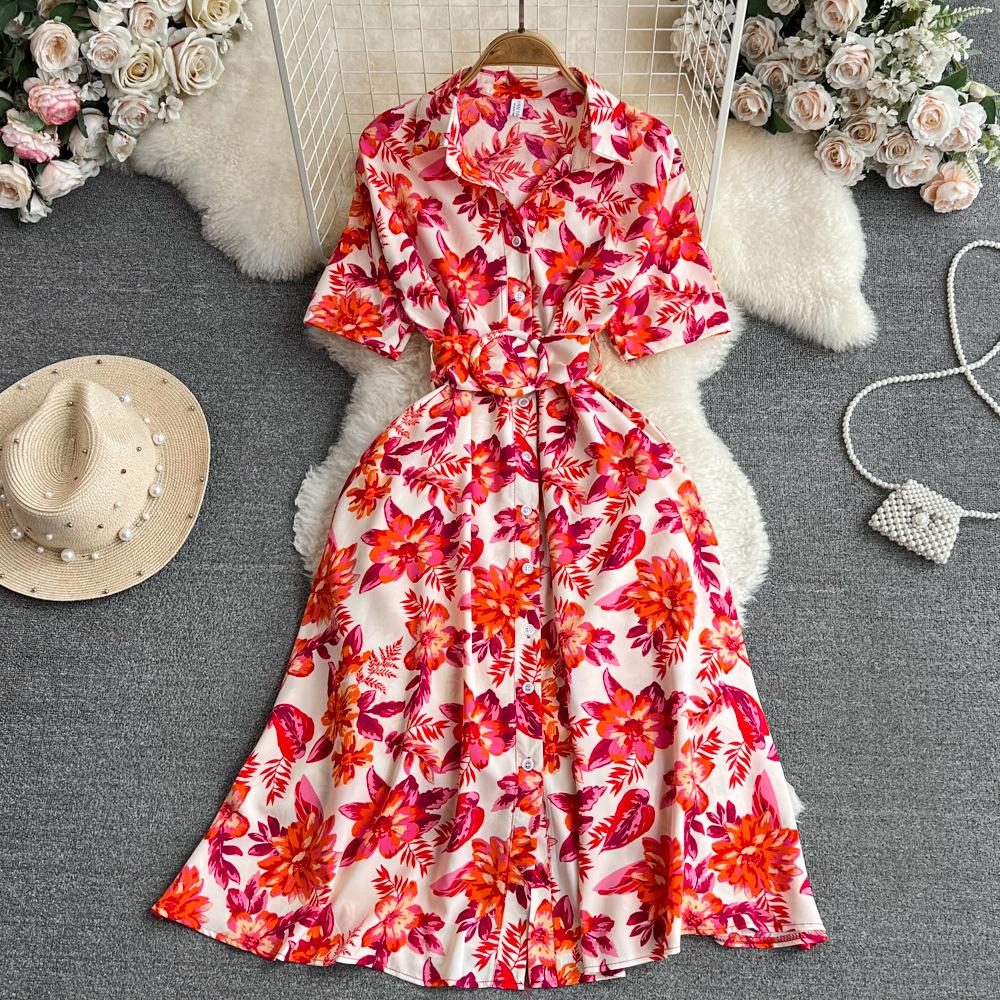 Women's Floral Print Dress A-line Elegant Vintage Lady Summer Dresses with Belt Casual Vestidos