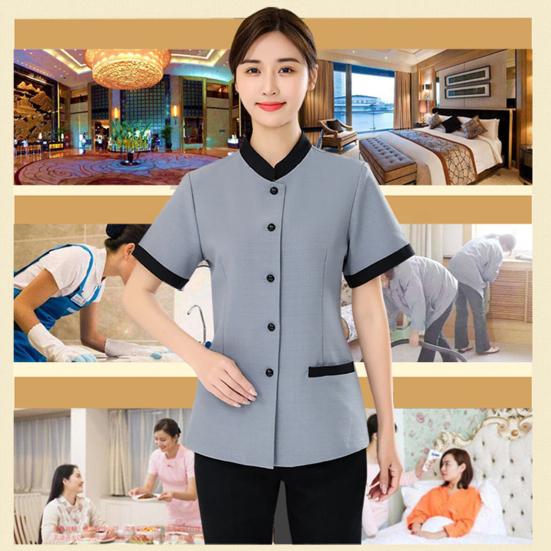 Hotel Housekeeping Uniform Women Slim Fit Top Stand Collar Short Sleeve Single Breasted Pockets Work Uniform Tops