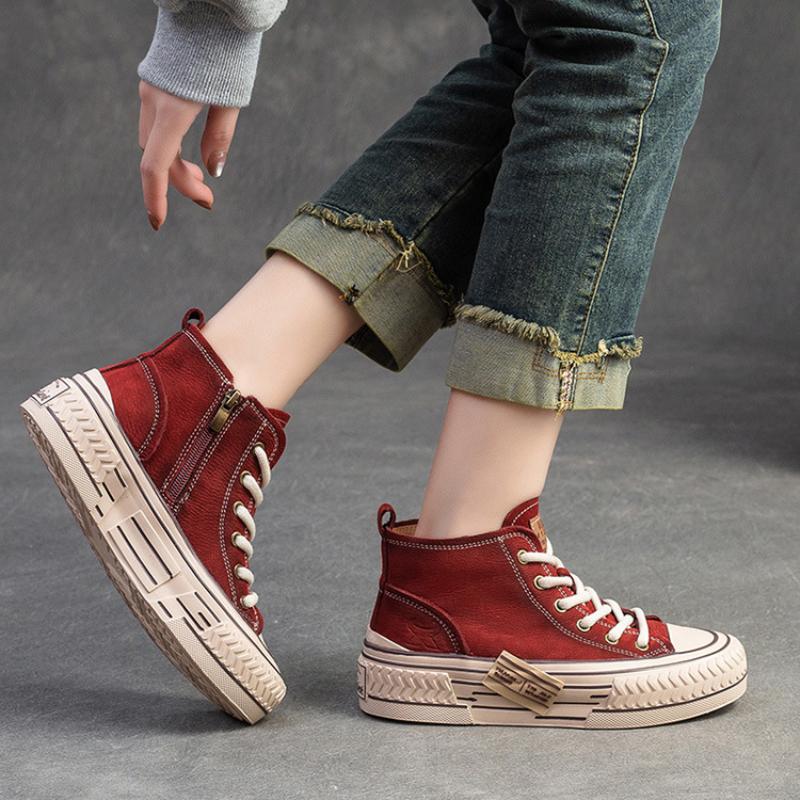 Johnature Spring Genuine Leather Women Flat Shoes Lace-up Handmade Leisure Comfortable Thick Soled Shoes