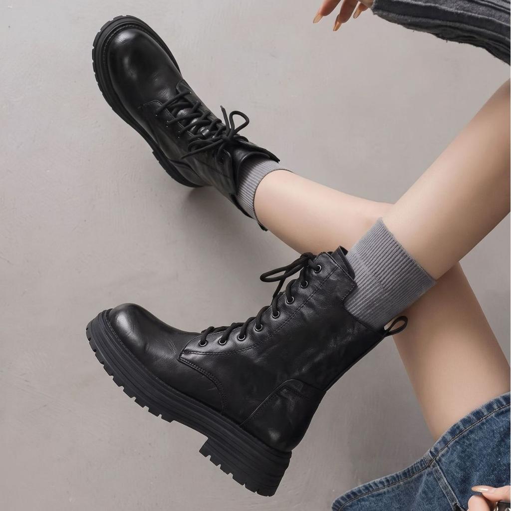 Height-increasing retro British style thin Martin boots women's autumn and winter new thick-soled lace-up short boots locomotive boots