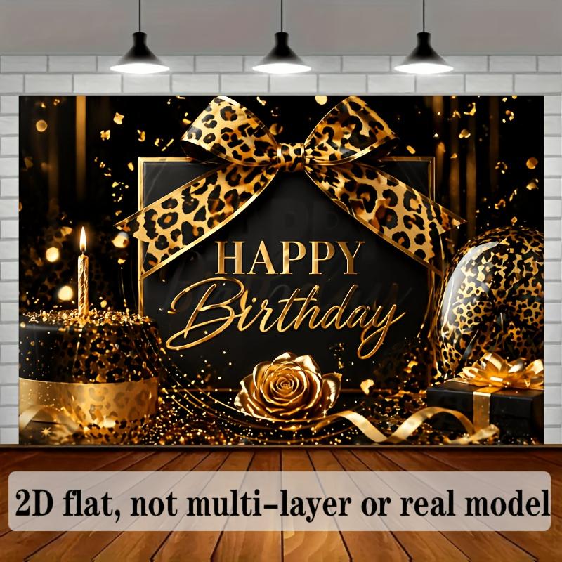 2D flat birthday party banner background black and gold leopard print happy birthday theme including leopard bow knots