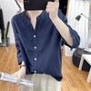 Летняя льняная рубашка свободного покроя с V-образным вырезом и короткими рукавами, женская рубашка в стиле ретро из темно-синего хлопка и льна, утягивающая рубашка с короткими рукавами из дышащей ткани