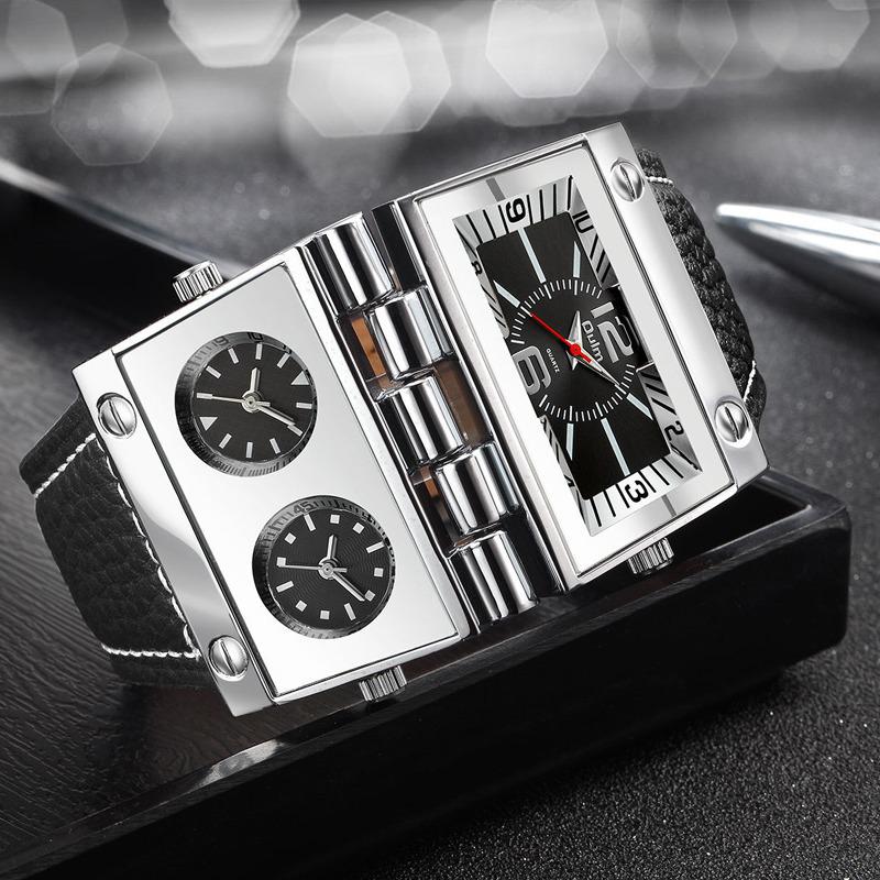 Мужские кварцевые часы Oulm с большим циферблатом и несколькими часовыми поясами, прямоугольные