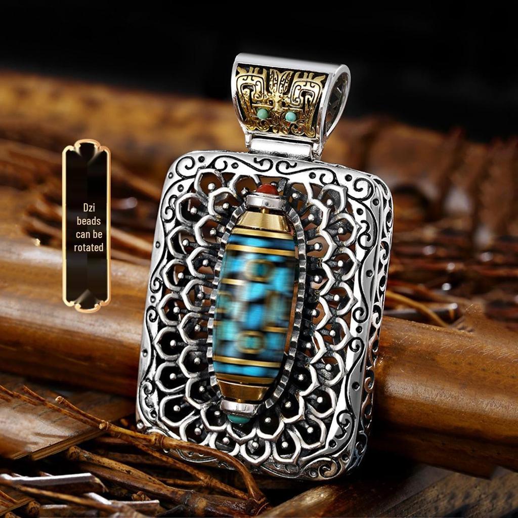 National Tibetan-Style Turquoise Nine-Eye Dzi Necklace with Dripping Glue Taotie Pendant for Men