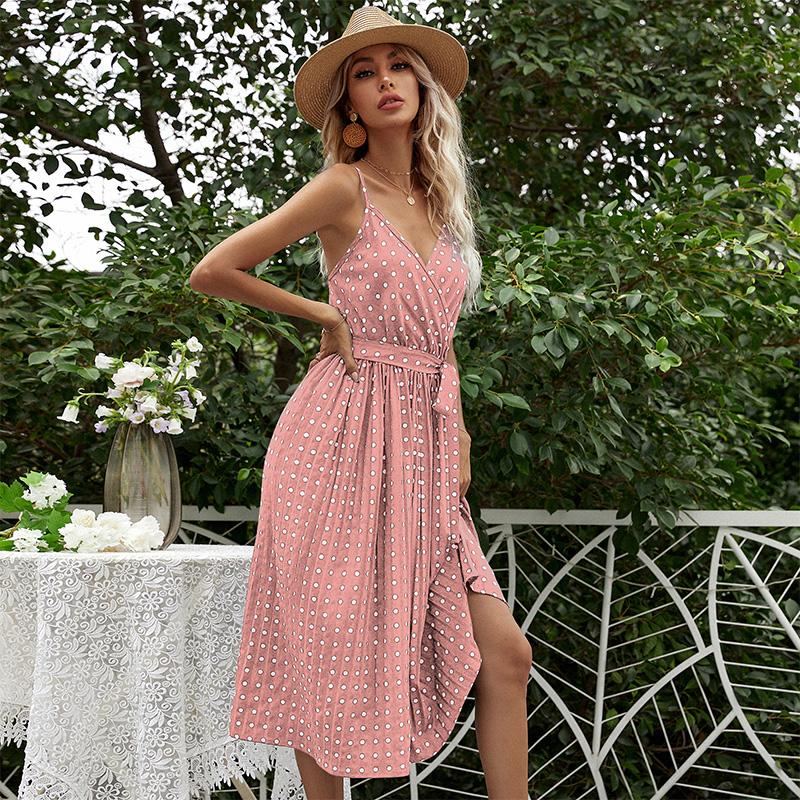 Женская мода, лето-весна, повседневные платья без рукавов с принтом в горошек, подтяжки с v-образным вырезом и высокой талией