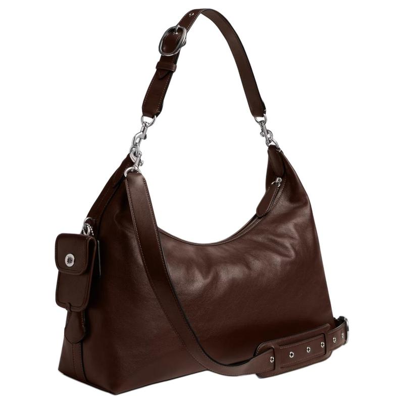COACH PocketJuliet 43 Silver Metal Logo Double Strap Design Zipper Closure Removable Handle Leather Shoulder Bag Large Women's Brown