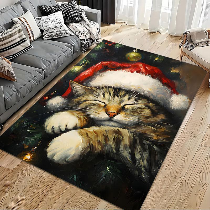Christmas Cat in Santa Hat suitable as a non-slip mat for the living room or bedroom sofa