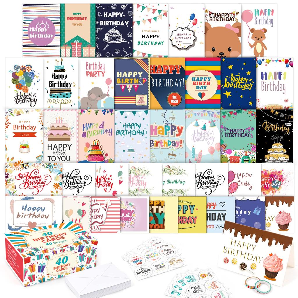 Feela Happy Birthday 40 Cute Patterned Cards with and Masking Perfect for Message Birthday Gift and Celebrations Cards, Envelopes, Stickers, Tape,