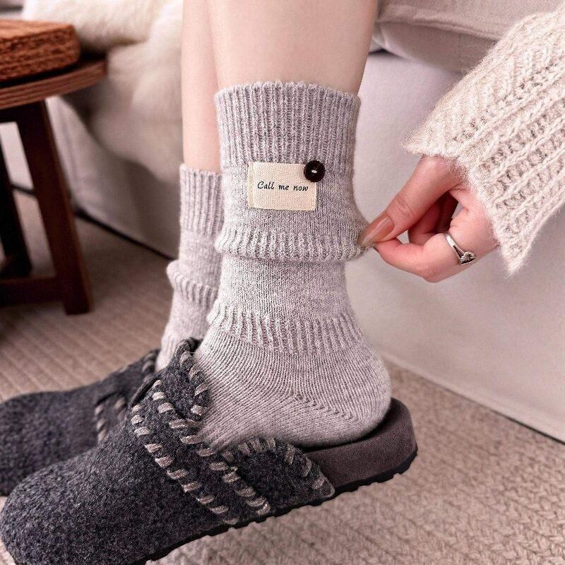Kids Cloth‑Label Button Stackable Socks,Autumn Winter Thick Boneless New‑Year Medium‑Tube Socks,Warm Deodorant Sectional Cotton Socks