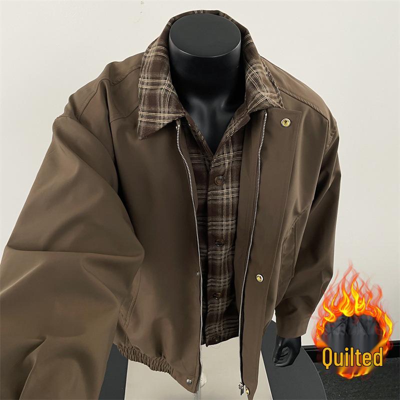 American Streetwear Trendy Patchwork Color Block Couple Autumn Padded Lapel Jacket