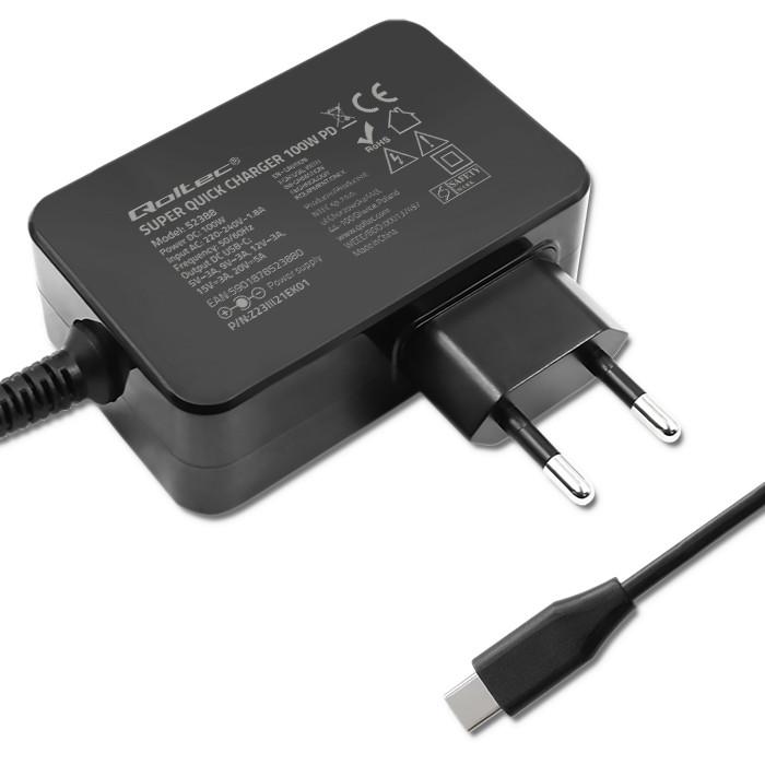Qoltec GaN POWER PRO Charger | 1xUSB-C | 45W | 5-20V | 2.25-3A | Laptop | Smartphone | Black
