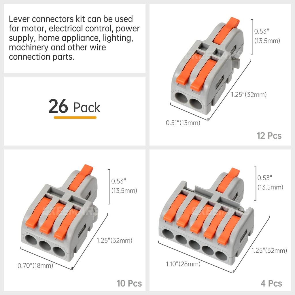 GKEEMARS 26Pcs Compact Splicing Connectors Wire Connectors Kit 2, 3 and 5 Circuit Inline Splices 24-12 AWG (Grey)