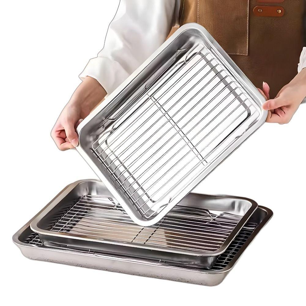 Removable BBQ Tray with Cooling Rack Oven Rack Stainless Steel Baking Pan for Cooking Roasting