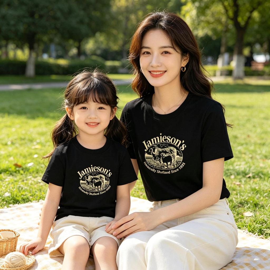 100% Cotton Lamb Print Mother-Daughter Matching Short Sleeve T-Shirt - Round Neck, Casual Top