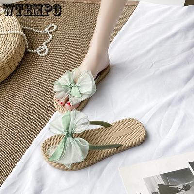 Женская летняя универсальная верхняя одежда с бантиком и плоской подошвой, которая может быть влажной, а также сандалии и тапочки с узором «елочка» на мягкой подошве
