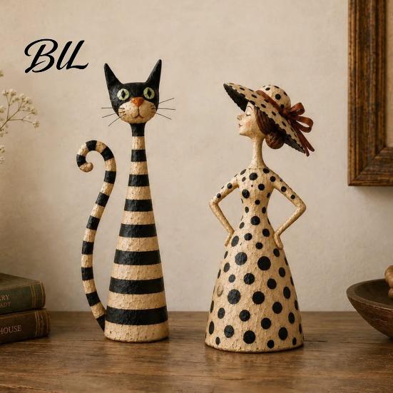 Thoughtful Housewarming Gifts 2Pcs Vintage Lady And Cat Sculptures Set, Resin Striped Figurine, Retro Elegant Artistic Figurine Statue with Polka Dot