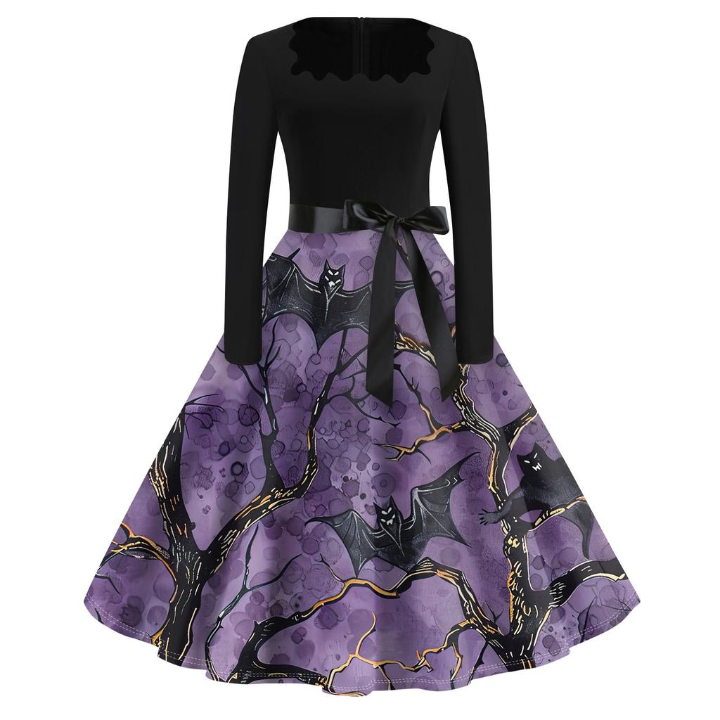 Платье с расклешенным принтом на Хэллоуин для женщин, платье с длинным рукавом, полые вечерние повседневные платья
