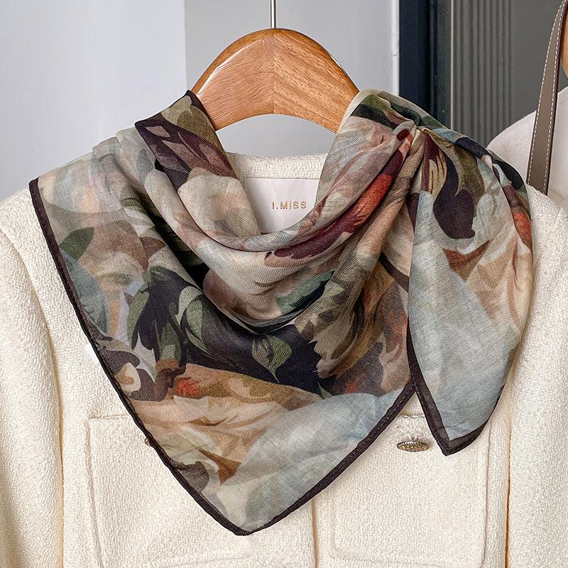 Chinese style burgundy peony silk scarf scarf 71 small square scarf women's spring and autumn double-sided thin scarf mother gift