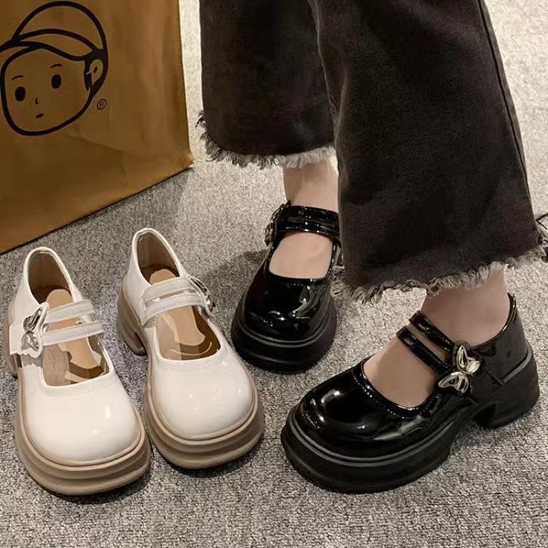 Маленькие кожаные туфли с круглым носком, женские летние тонкие туфли-одинарки на липучке, новые 2025, французский ретро-стиль, на платформе, одинарные туфли с юбкой