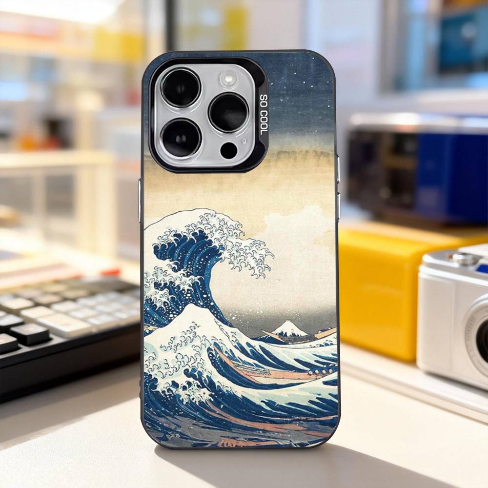 Искусство Укиё-э Морские Волны Чехол для Телефона Для iPhone 17,16,15,14,13,12,11,Pro,XS,Max,Plus,Mini,SE4,E IMD Матовый Черный