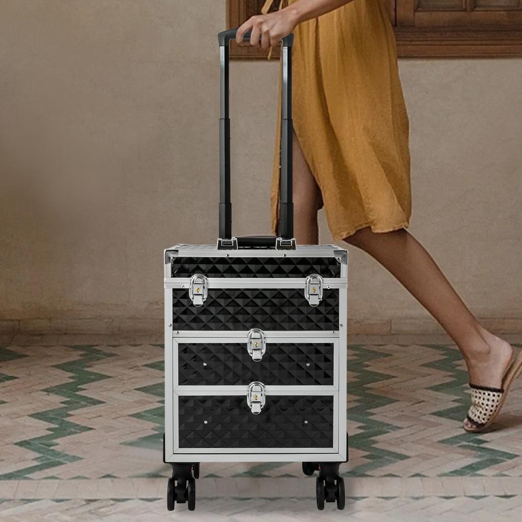Professional Rolling Makeup Case with 3-Tier Storage & 2 Sliding Drawers, Black Cosmetic Organizer with 30kg/66lbs Load Capacity
