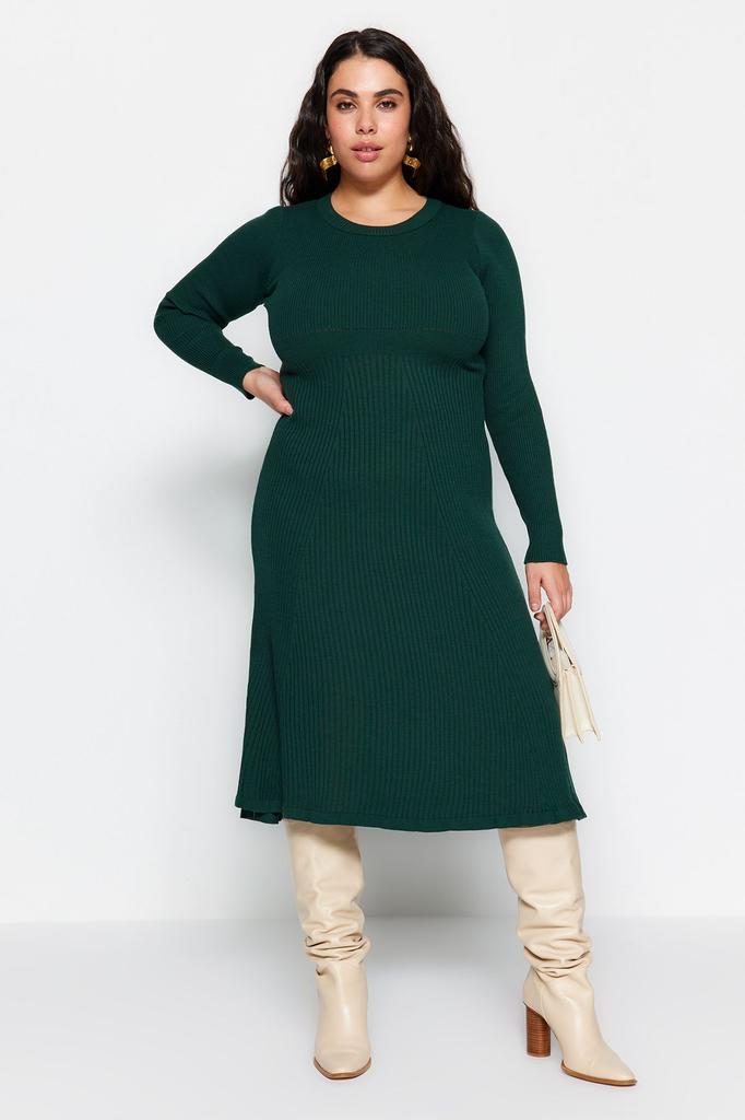 Women's Style Plus Size Brown Crew Neck Midi Knitwear Dress