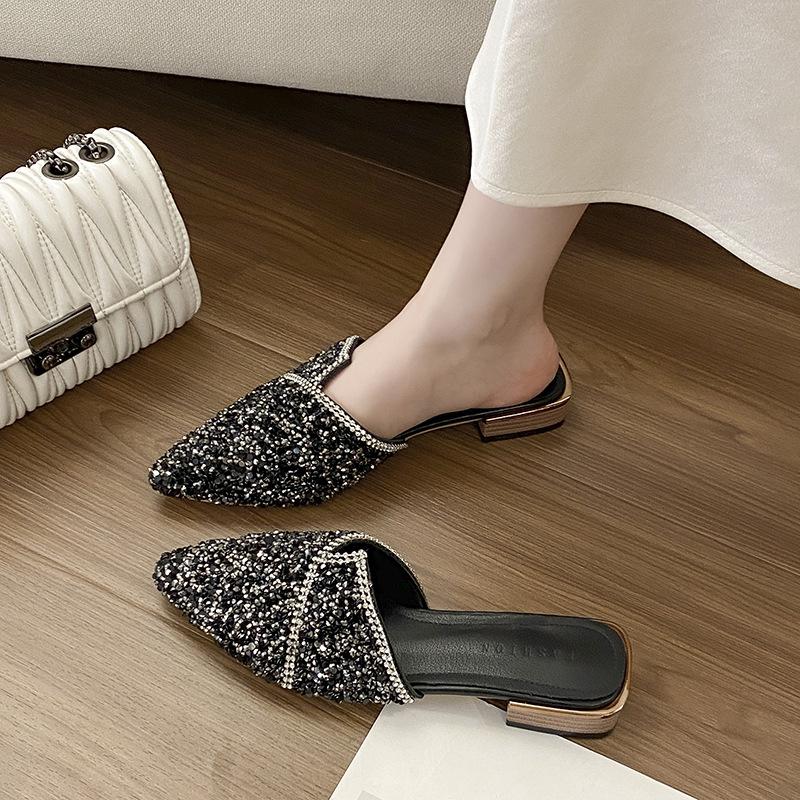 Тапочки женские носят новую моду заостренный носок сумка голова полушлепки летние универсальные туфли на толстом каблуке прилив