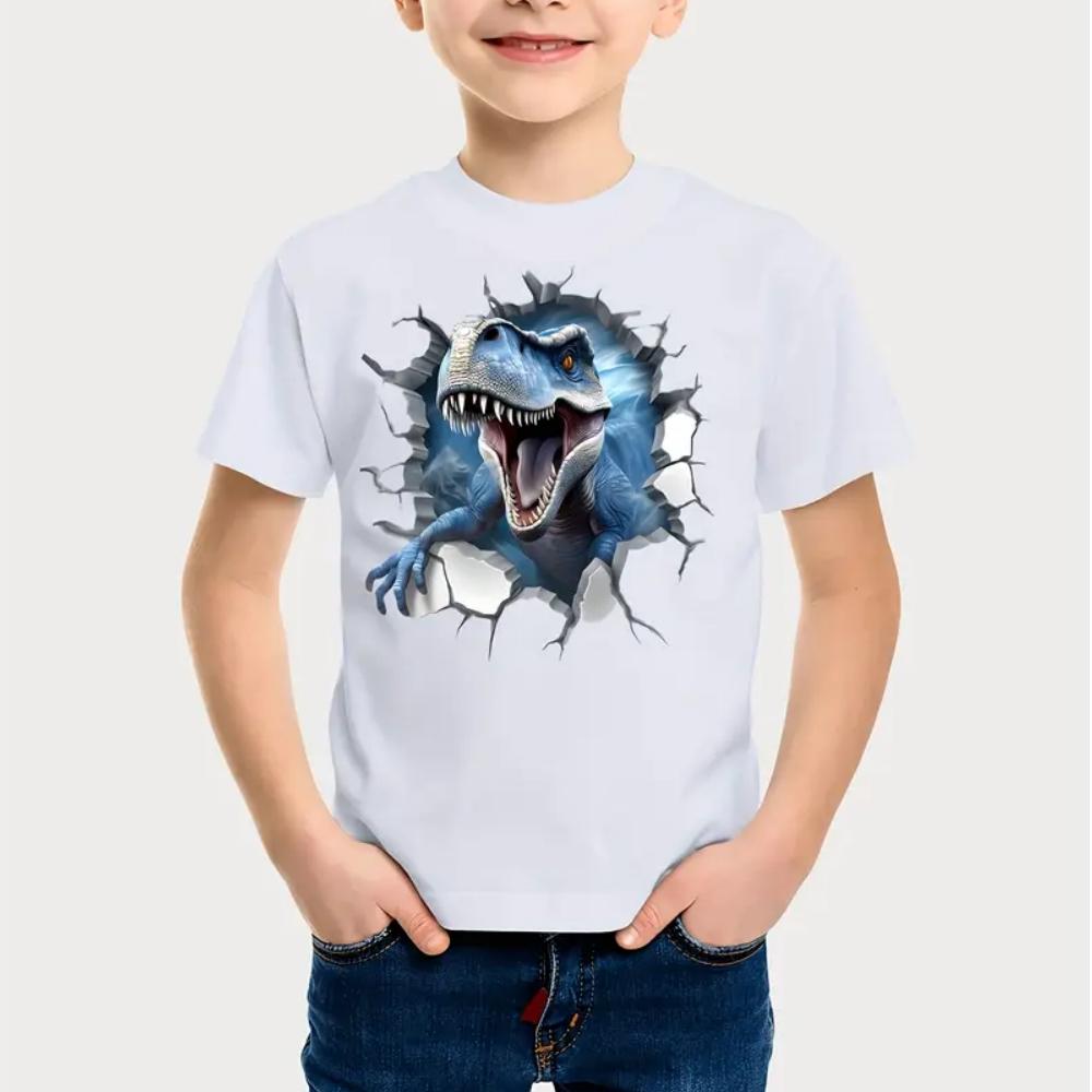 Топ с круглым вырезом и 3D-принтом динозавра, повседневная футболка с короткими рукавами для детей и мальчиков - Мягкая полиэстеровая ткань средней эластичности, летняя одежда свободного кроя
