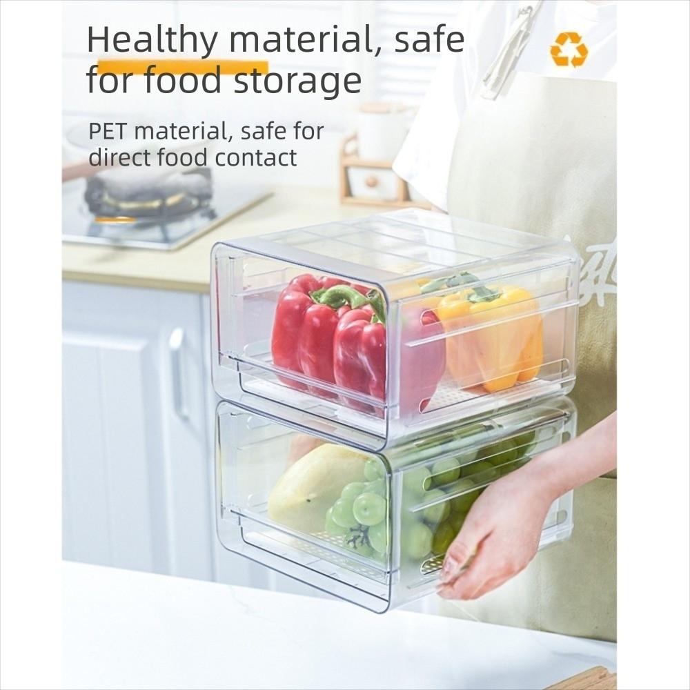 Transparent Food Container with Drain Tray Large Capacity Vegetable Fridge Organizer Kitchen