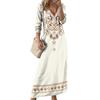 Women Dress Ethnic Style Print V Neck Long Sleeve Bohemian Loose A-line Pullover Soft Ankle