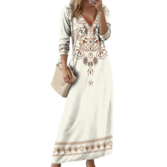 Women Dress Ethnic Style Print V Neck Long Sleeve Bohemian Loose A-line Pullover Soft Ankle