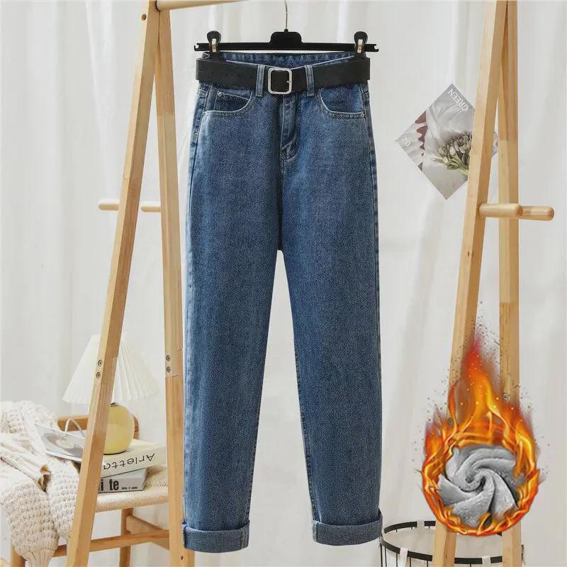 Женские теплые джинсы-карроты из бархата с высокой талией — свободные, универсальные и модные брюки прямого покроя