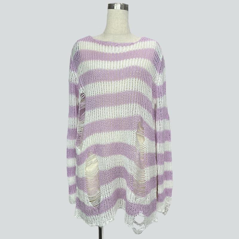 Новый длинный свитер унисекс в стиле панк, готический стиль, летний женский полосатый крутой джемпер с дырками, свободный тонкий темный уличный топ в стиле рок