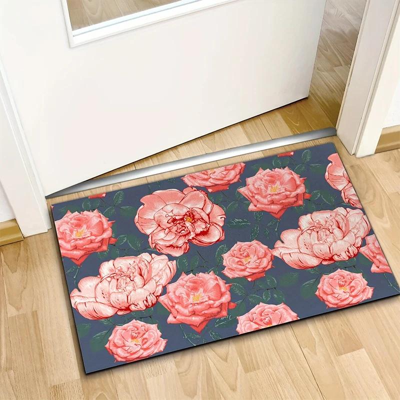 Rose Printed Door Mat Bedroom Bedside Carpet Anti Slip Balcony Bathroom Absorbent Footpad Flannel Decor Rug for Home Living Room