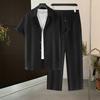 2Pcs/Set Men Casual Outfit Lapel Short Sleeve Single Breasted Shirt Elastic Waist Long Pants Set Solid Color Outfit
