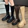 Fashion Chunky Platform High Boots Women Winter Autumn Leather PU Thick Bottom Knee High Boots Ladies Square Toe Non-Slip Long Botas