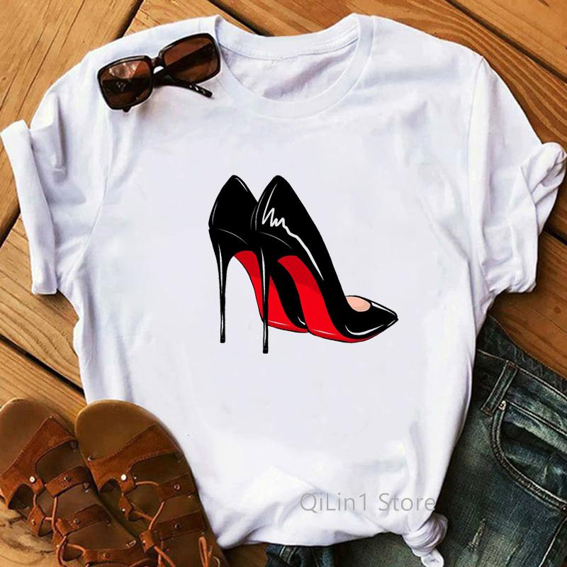 New Women's T-Shirt Pink High Heel Top Female T Shirts Lady Luxury Make Up Paris Style Shirt Harajuku Summer Tops Short Clothes