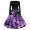 Women's Casual Vintage Halloween Dress Long Sleeve Round Neck A-Line Retro Print Midi Dress with Waist Tie for Autumn and Winter