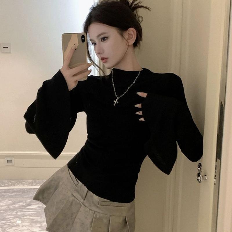 Женская мода расклешенные рукава футболки пэчворк простые досуг женские элегантные тонкие пуловеры топы