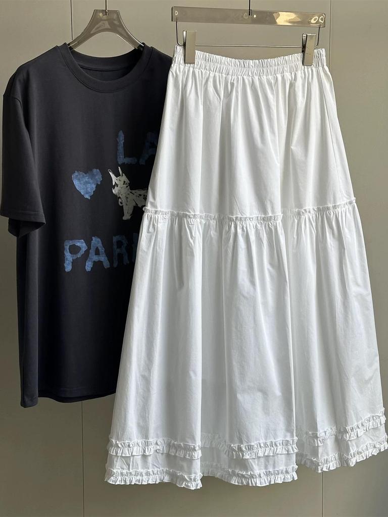 Весна 2026 Высокая талия Пэчворк Деревянное ухо Оборка Корейский стиль Длинная многоярусная юбка