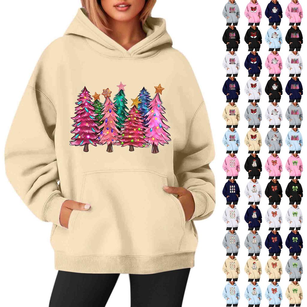 Women's Sweatshirts O-neck Long Sleeve Christmas Printed Top Solid Color Hoodie