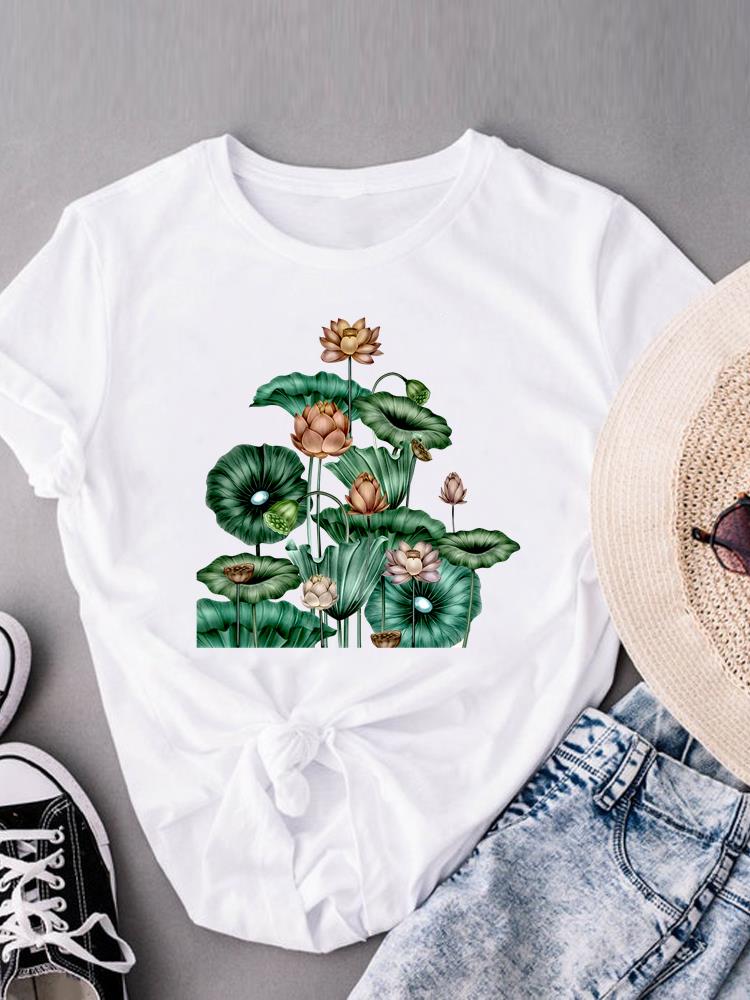 (Азиатский размер) Футболки с коротким рукавом с милым цветком, футболка с модным принтом для женщин, повседневная женская футболка с графическим принтом