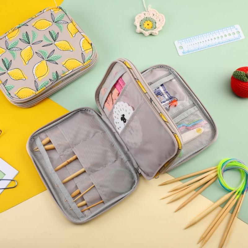 Crochet Hook Case Yellow Lemon Storage Bag Knitting Needle Carrying Bag Storage Case Double Organiser Bag for Crocheting