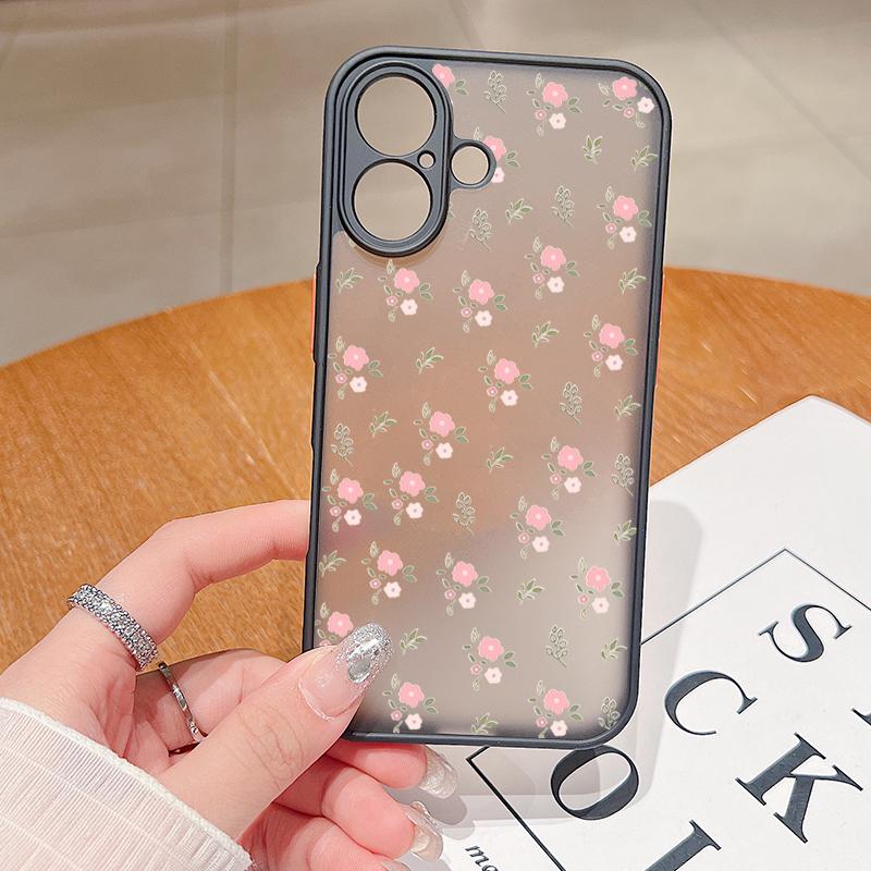 Розовый маленький цветочный узор Жесткий ПК чехол для телефона iPhone 16 15 14 13 12 Pro Max 11 Противоударный мягкий край Прозрачный тонкий матовый чехол Чехол