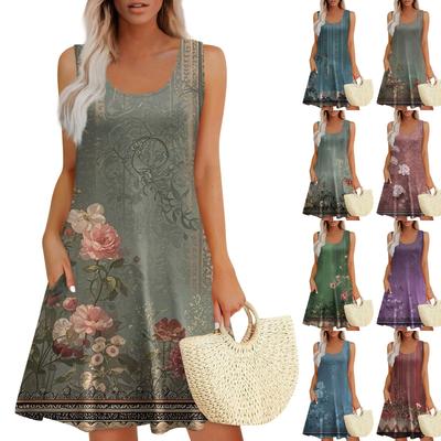 Женское летнее повседневное платье без рукавов с квадратным вырезом и цветочным принтом, с карманами