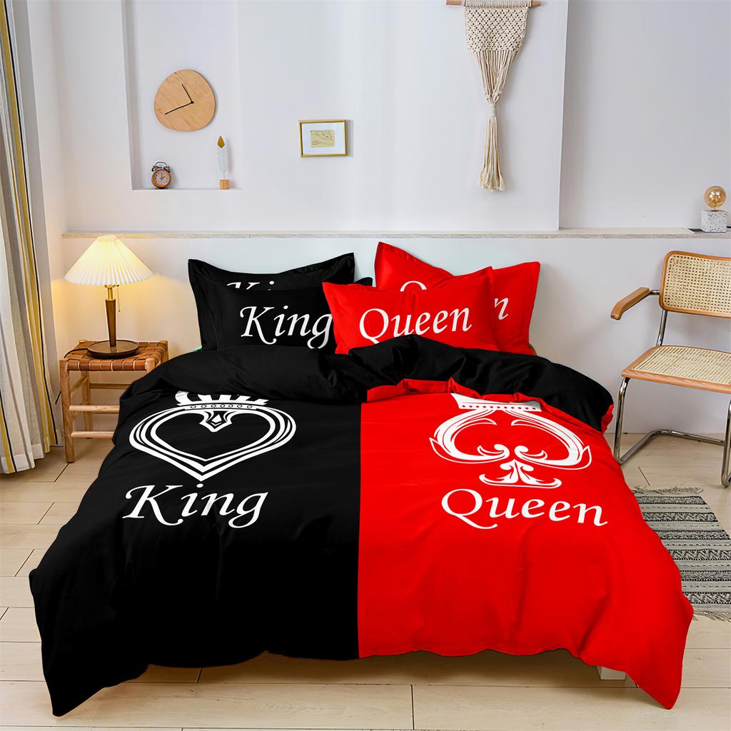 3Pcs Set Red Black Me And You Rose Letters Heart Pattern Printed Quilt Duvet Cover Bedding Set For All Season Bedroom Hotels