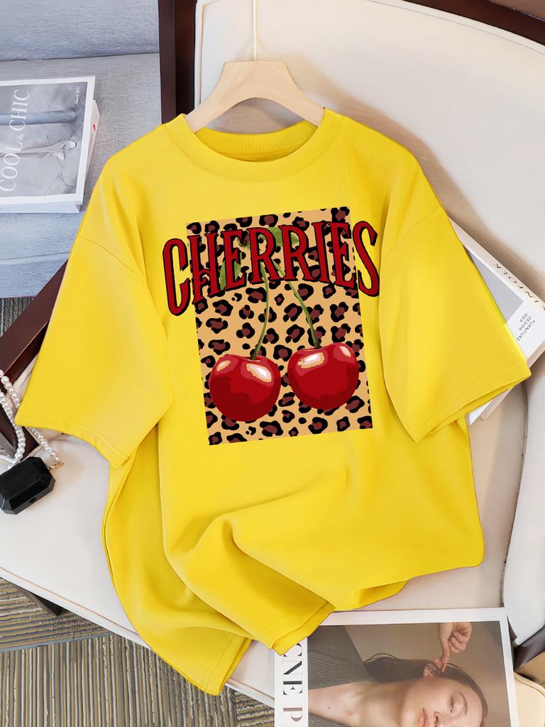 Leopard Cherry Leopard Print Creative Design Womens Tee Shirts Casual T Shirt Summer Round-Neck Streetwear Soft Short Sleeve