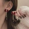 Nanhui Hengan Red Bow Pearl Tassel Earrings - High-End, Long Style, Face-Slimming Luxury