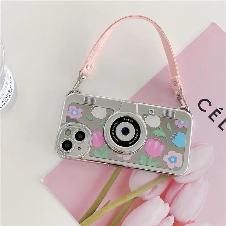 Для iPhone 14 Plus чехол с гальваническим покрытием, цветочный узор, дизайн камеры, чехол для телефона из ТПУ с ремешком-тоут - розовый цветок