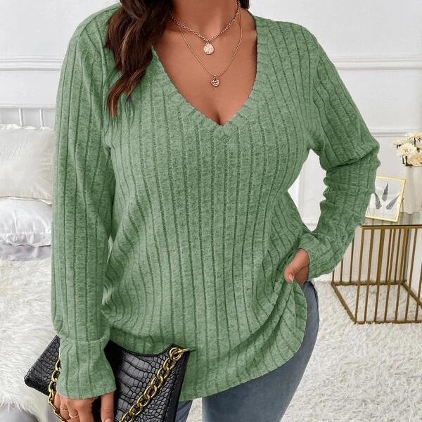 GMXIA Осень-зима, однотонный женский топ больших размеров с v-образным вырезом и длинными рукавами, шерстяная футболка в полоску, свободный чехол